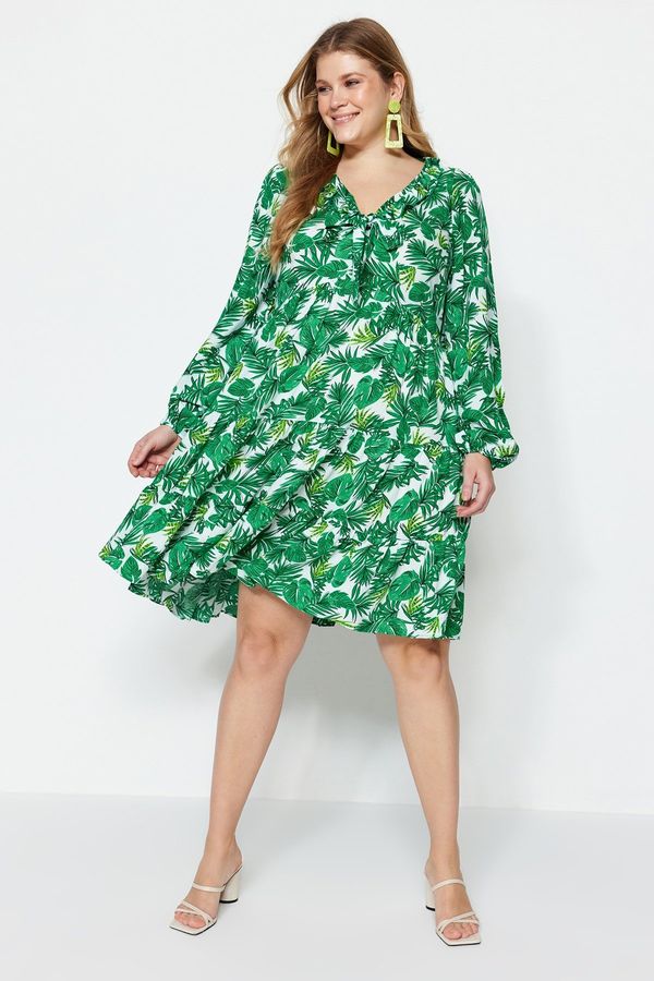 Trendyol Trendyol Curve Green Tropical Patterned Woven Dress