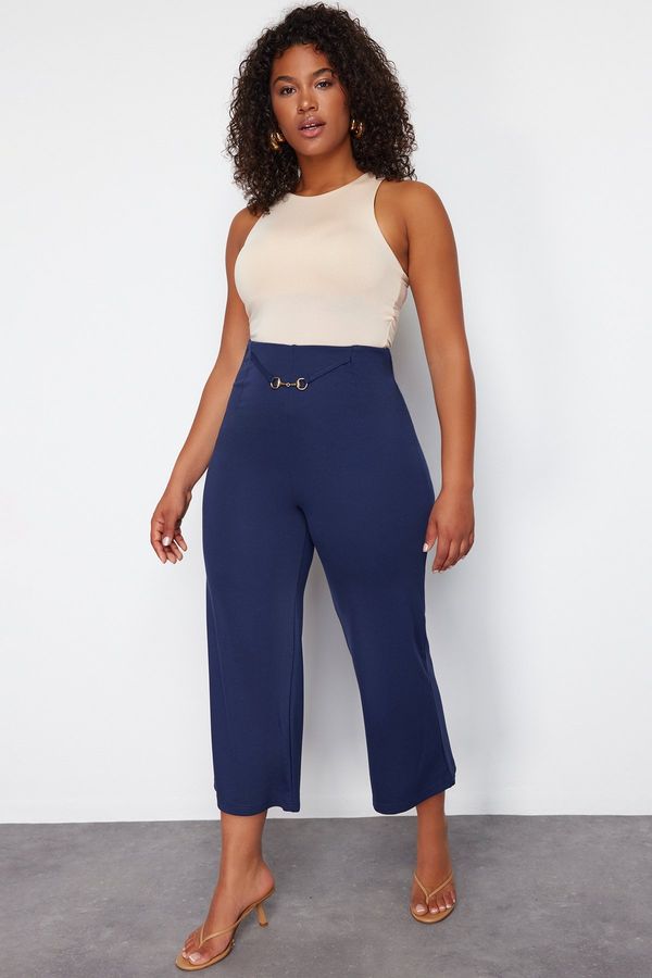 Trendyol Trendyol Curve Indigo Accessory Detailed Wide Cut Knitted Trousers