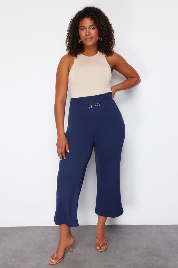 Trendyol Trendyol Curve Indigo Accessory Detailed Wide Cut Knitted Trousers