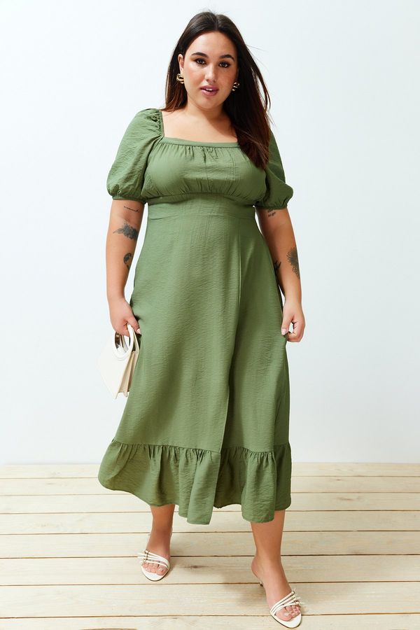 Trendyol Trendyol Curve Khaki Square Neck Balloon Sleeve Woven Dress