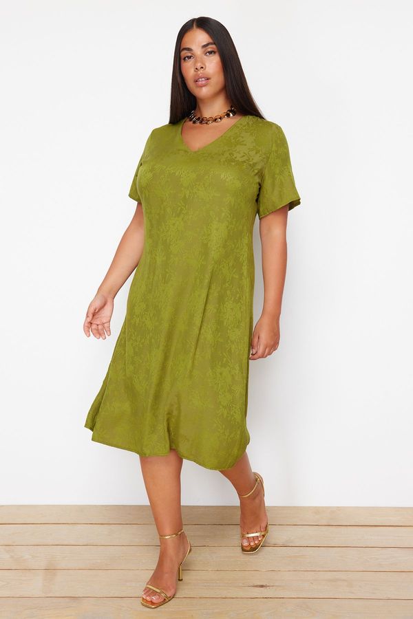 Trendyol Trendyol Curve Khaki V-Neck Jacquard Floral Patterned Woven Plus Size Dress