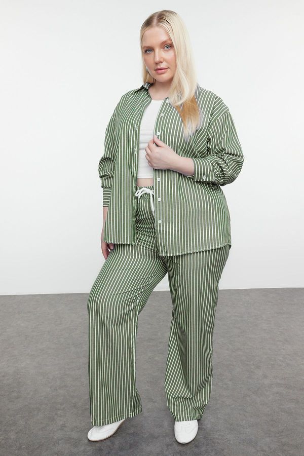 Trendyol Trendyol Curve Khaki-White Flexible Waist Striped Woven Plus Size Shirt-Pants Bottom-Top Set