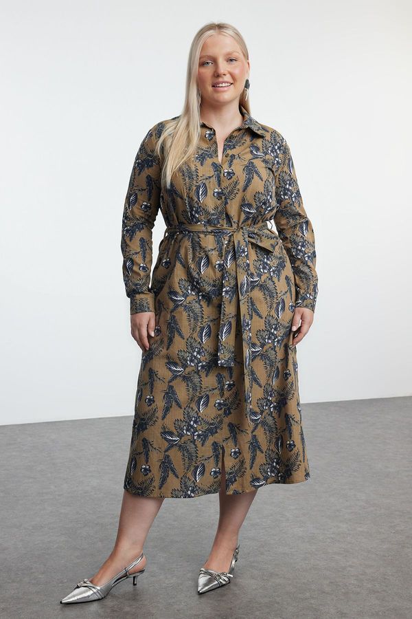 Trendyol Trendyol Curve Khaki Women's Floral Midi Buttoned Belted Woven Plus Size Shirt Dress