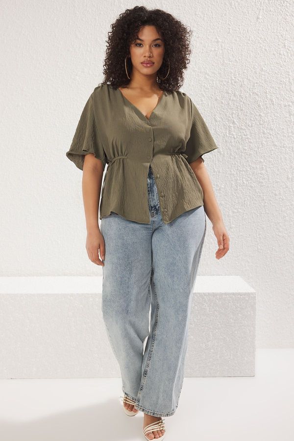 Trendyol Trendyol Curve Khaki Woven V Neck Tied Blouse