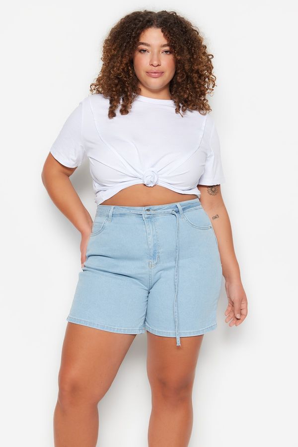 Trendyol Trendyol Curve Light Blue Belted High Waist Straight Denim Shorts & Bermuda