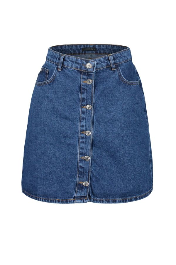 Trendyol Trendyol Curve Light Blue High Waist Buttoned Denim Skirt