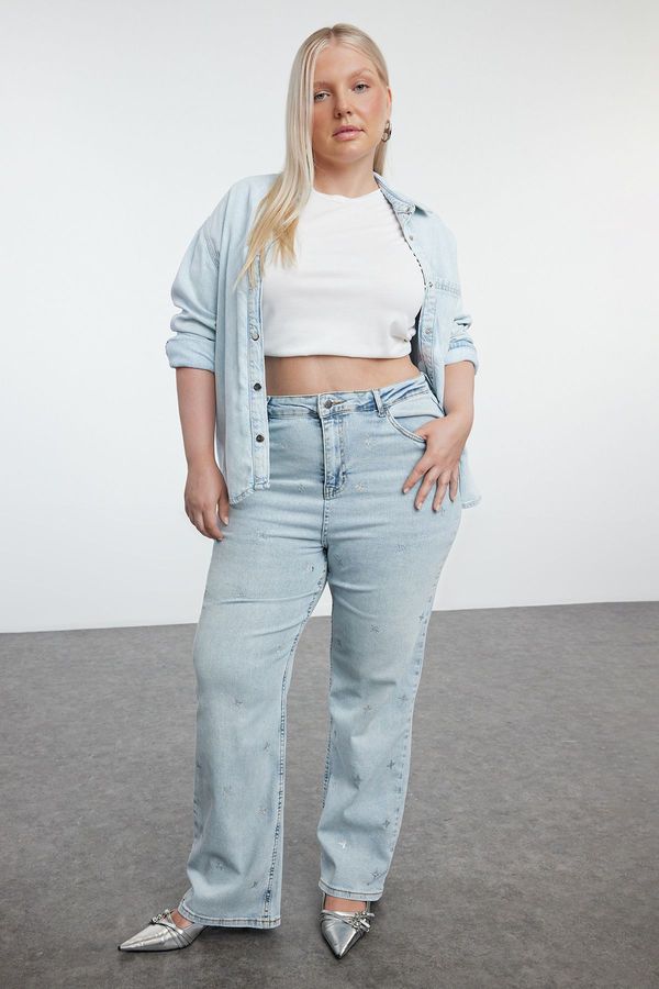 Trendyol Trendyol Curve Light Blue High Waist Star Printed Straight Fit Plus Size Jeans