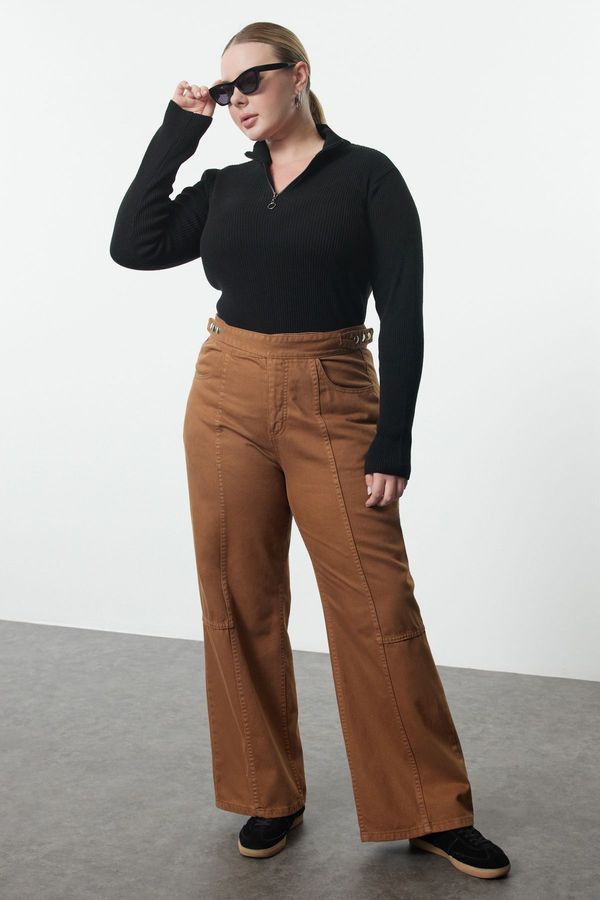 Trendyol Trendyol Curve Light Brown Adjustable Waist Wide Leg Plus Size Jeans