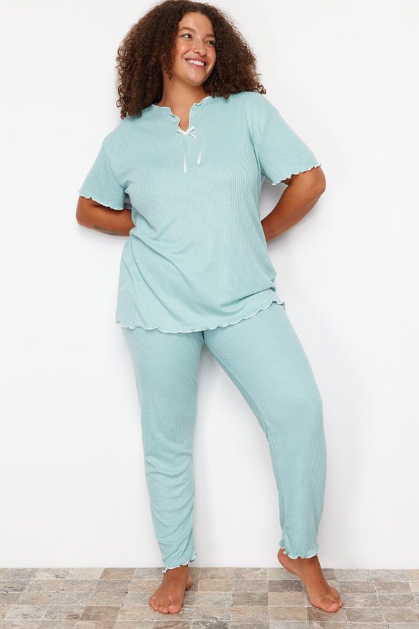 Trendyol Trendyol Curve Mint Bow Detailed Camisole Knitted Pajamas Set