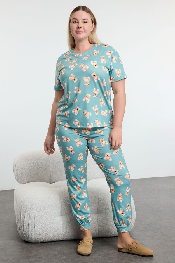 Trendyol Trendyol Curve Mint Teddy Bear Patterned Jogger Fit Knitted Pajama Set