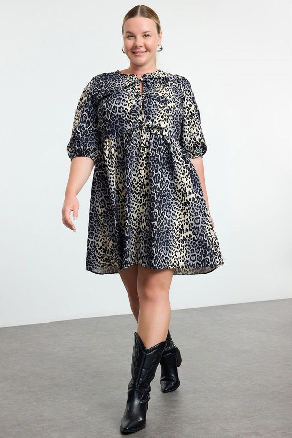 Trendyol Trendyol Curve Multicolored Bow 100% Cotton Leopard Print A-Line Woven Plus Size Dress