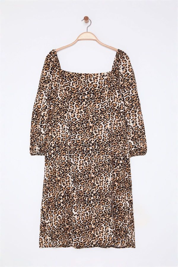 Trendyol Trendyol Curve Multicolored Leopard Print Balloon Long Sleeve Woven Plus Size Midi Dress