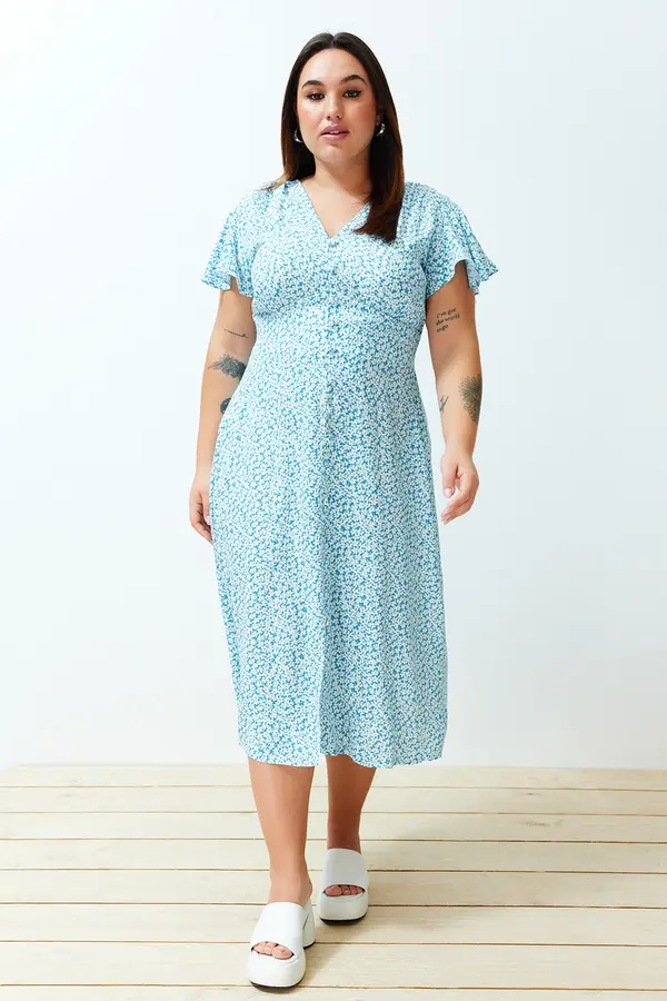 Trendyol Trendyol Curve Multicolored V-Neck Sleeves Ruffled Floral Elastic Waist Woven Dress