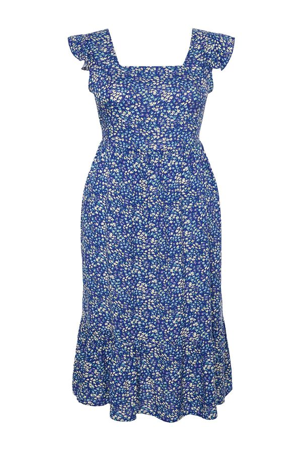 Trendyol Trendyol Curve Navy Blue A-Line Midi Ruffled Floral Pattern Woven Dress