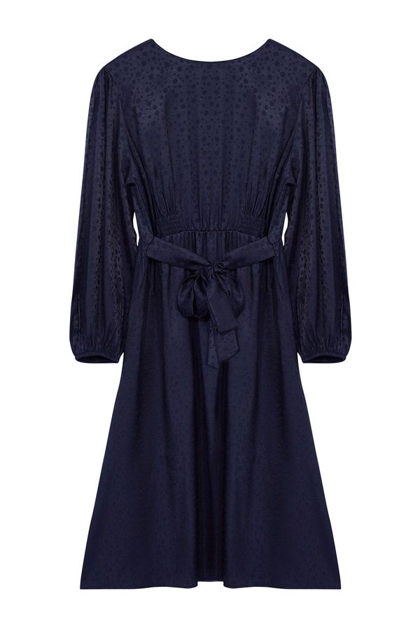 Trendyol Trendyol Curve Navy Blue Balloon Sleeve Jacquard Speckled Patterned Gimped A-Form Midi Dress