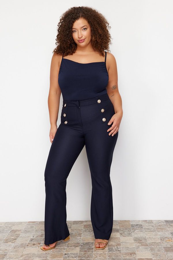 Trendyol Trendyol Curve Navy Blue Bell-bottom Stylish Buttoned Woven Gathering Plus Size Fabric Trousers