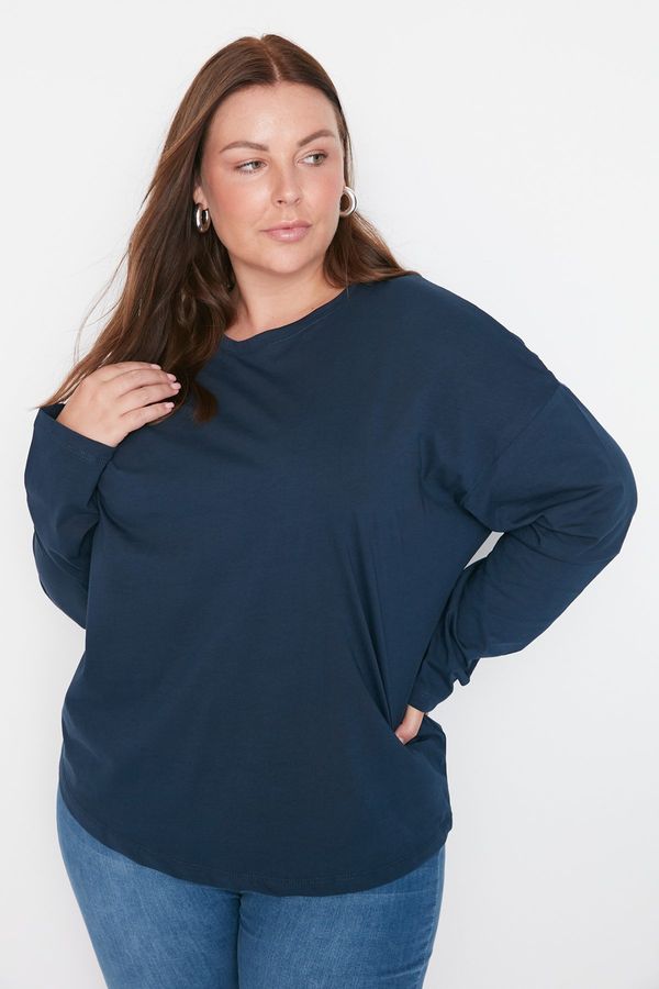 Trendyol Trendyol Curve Navy Blue Black Crew Neck Basic Knitted T-Shirt