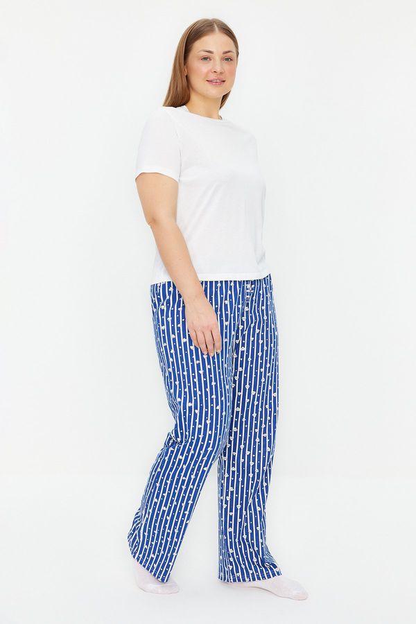 Trendyol Trendyol Curve Navy Blue Cotton Striped and Heart Knitted Pajama Bottoms