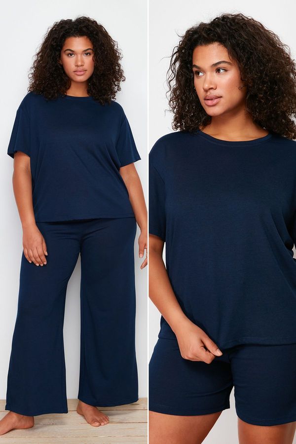 Trendyol Trendyol Curve Navy Blue Crew Neck 3-Piece Knitted Pajamas Set