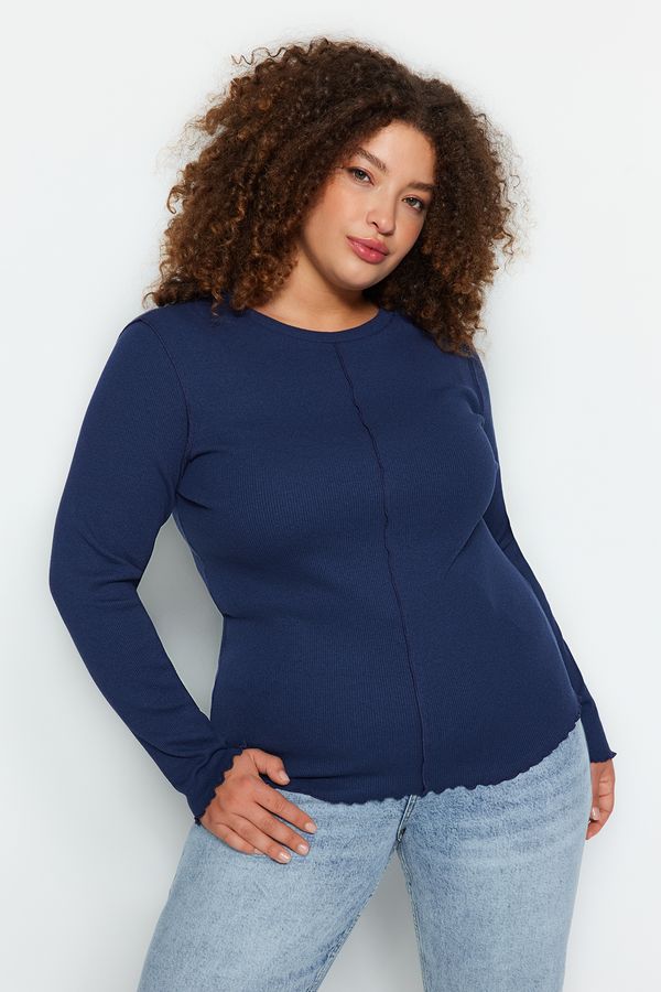 Trendyol Trendyol Curve Navy Blue Crew Neck Corded Knitted Blouse