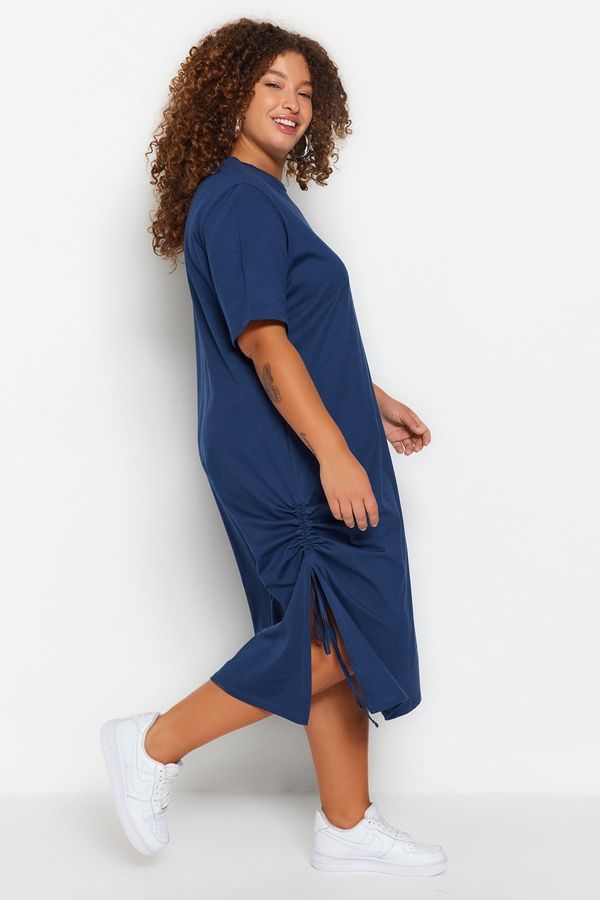 Trendyol Trendyol Curve Navy Blue Crew Neck Side Gathered and Slit Knitted Dress