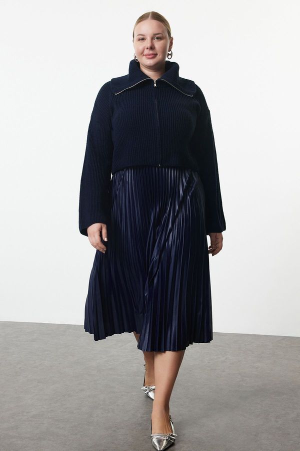 Trendyol Trendyol Curve Navy Blue Elastic Elastic Waist Pleated Woven Plus Size Skirt