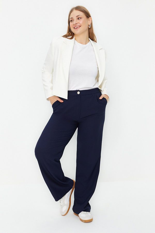 Trendyol Trendyol Curve Navy Blue High Waist Wide Cut Woven Trousers