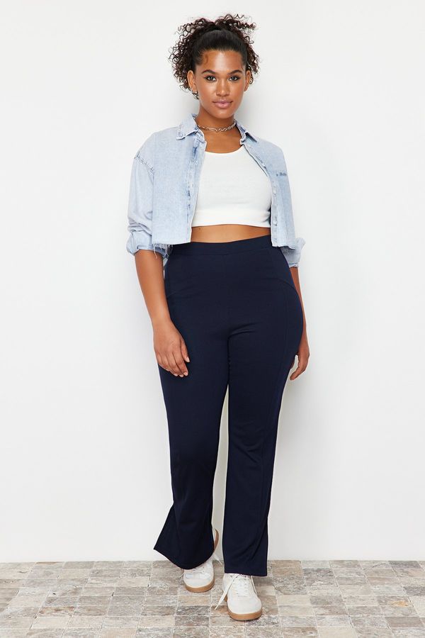 Trendyol Trendyol Curve Navy Blue Knitted Trousers with Stitching Detail