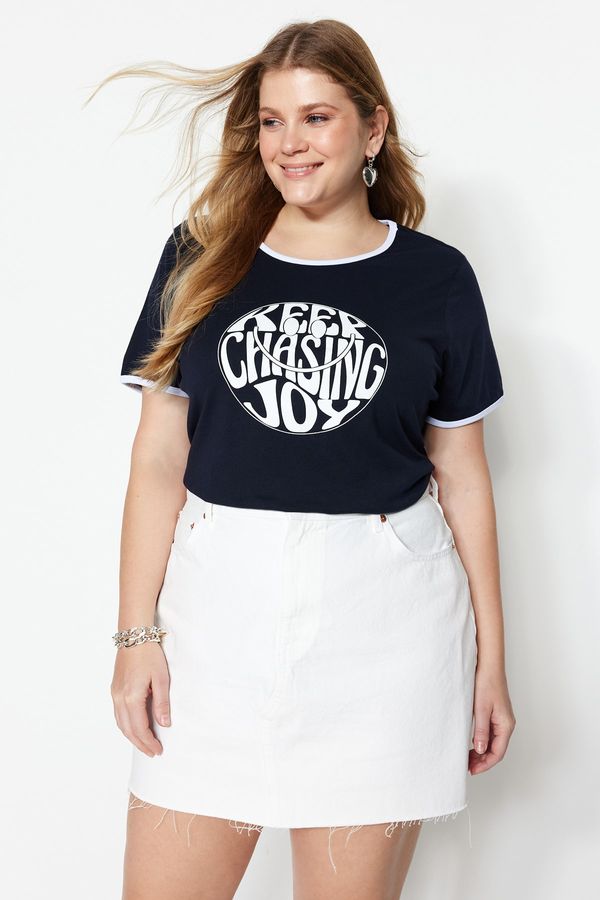 Trendyol Trendyol Curve Navy Blue Printed Crop Knitted T-shirt