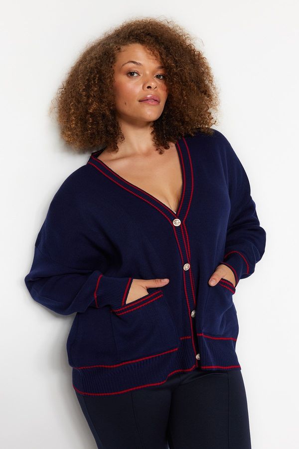 Trendyol Trendyol Curve Navy Blue-Red Stripe Detailed Knitwear Cardigan