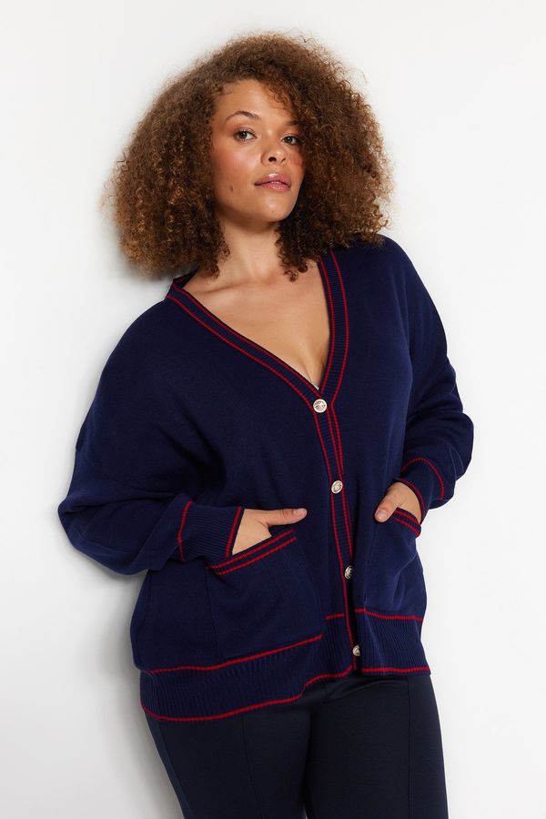 Trendyol Trendyol Curve Navy Blue-Red Stripe Detailed Knitwear Cardigan