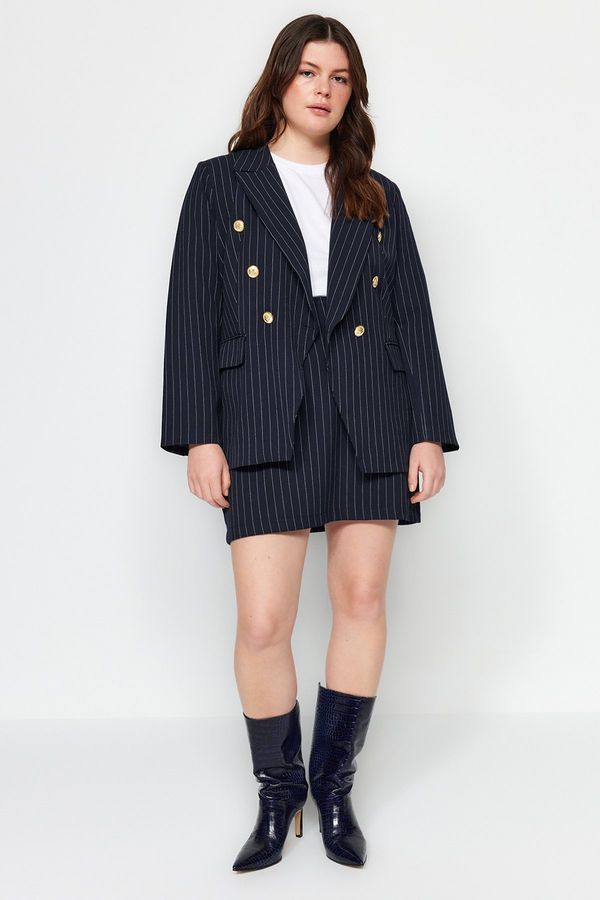 Trendyol Trendyol Curve Navy Blue Striped Button Detailed Woven Jacket