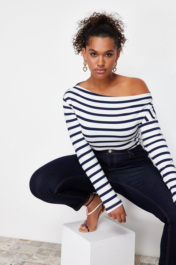 Trendyol Trendyol Curve Navy Blue Striped Premium Soft Fabric Fitted Boat Neck Stretchy Knitted Blouse