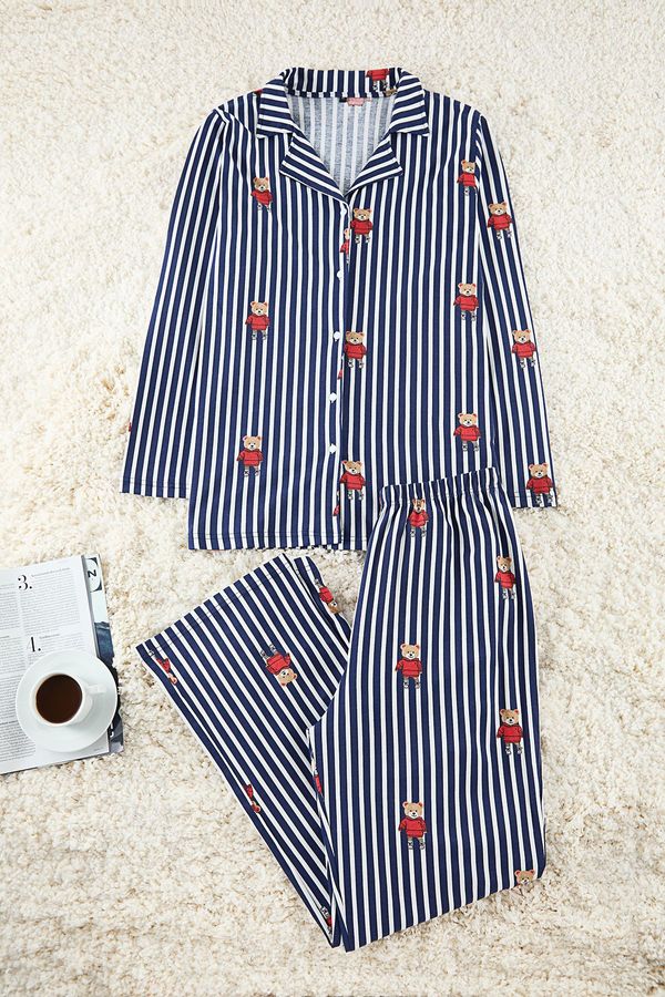 Trendyol Trendyol Curve Navy Blue Striped Teddy Bear Patterned Shirt Collar Knitted Pajama Set