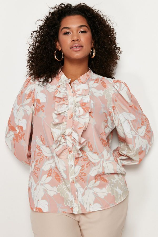 Trendyol Trendyol Curve Orange Floral Ruffled Chiffon Woven Shirt