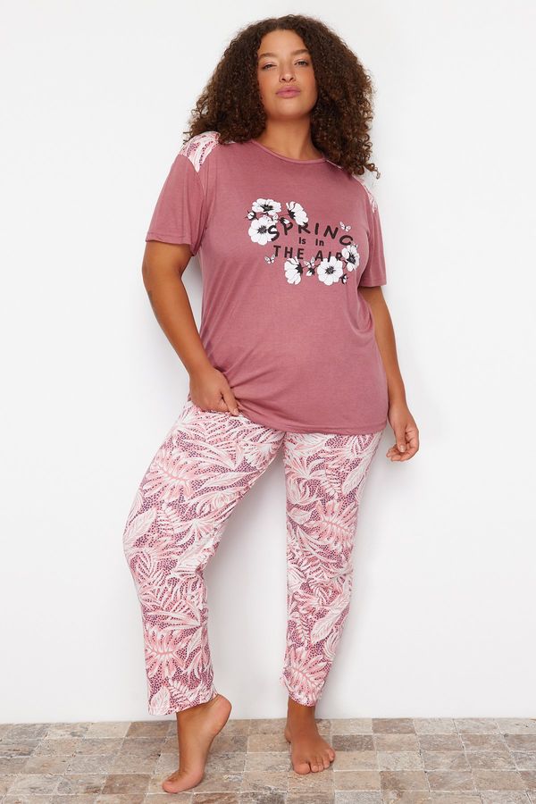 Trendyol Trendyol Curve Pale Pink Flower Pattern Knitted Pajamas Set
