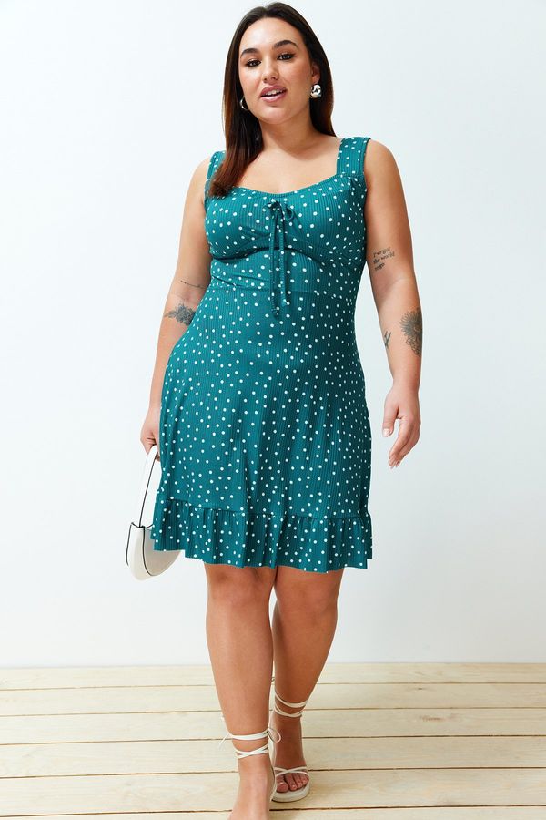 Trendyol Trendyol Curve Petrol Polka Dot Printed Square Collar Flounced A-Line Mini Knitted Dress