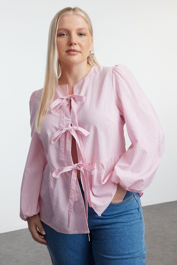 Trendyol Trendyol Curve Pink Bow Tied Striped Long Sleeve Woven Plus Size Shirt