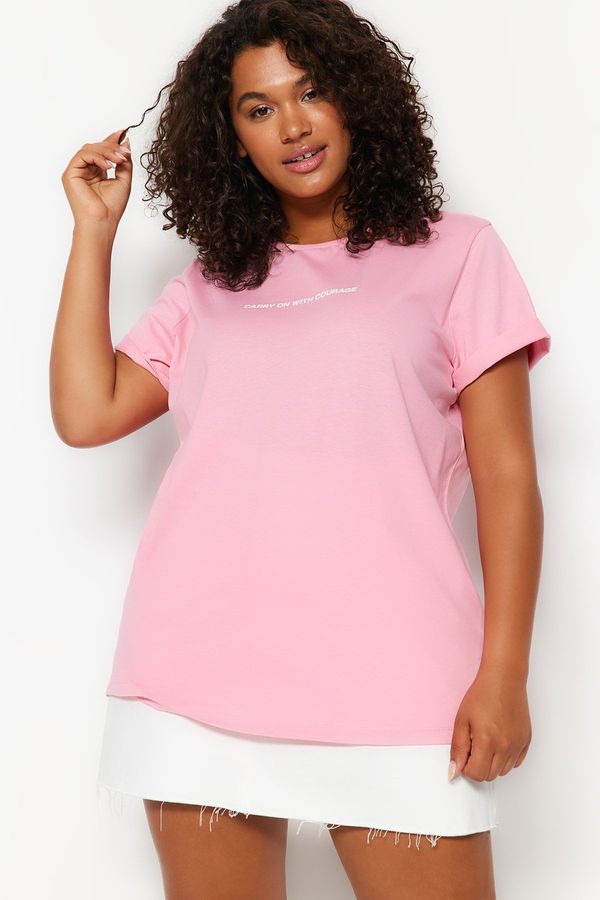 Trendyol Trendyol Curve Pink Crew Neck Printed 100% Cotton Knitted T-Shirt