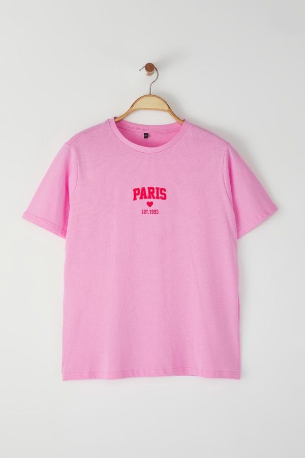 Trendyol Trendyol Curve Pink Crew Neck Printed Detail 100% Cotton Knitted Plus Size T-Shirt