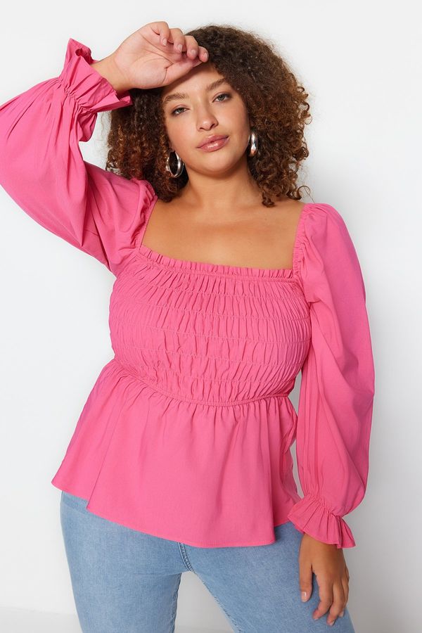 Trendyol Trendyol Curve Pink Heart Collar Woven Blouse