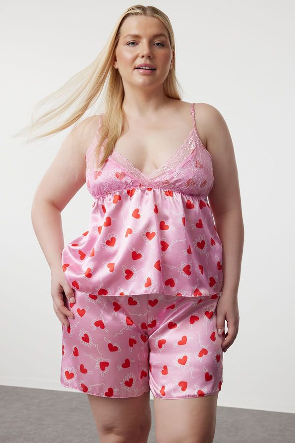 Trendyol Trendyol Curve Pink Heart Patterned Lace Satin Woven Pajama Set