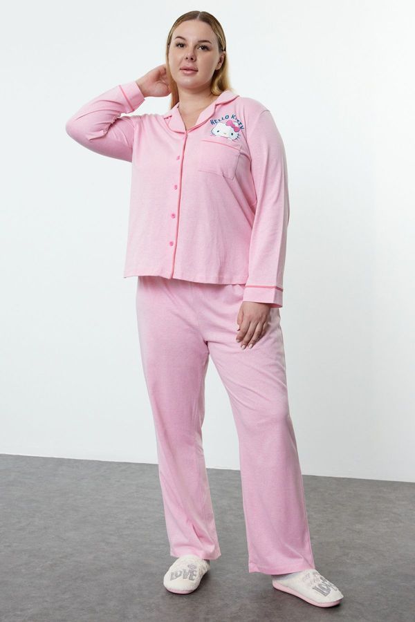 Trendyol Trendyol Curve Pink Hello Kitty Licensed Shirt Collar Knitted Pajama Set