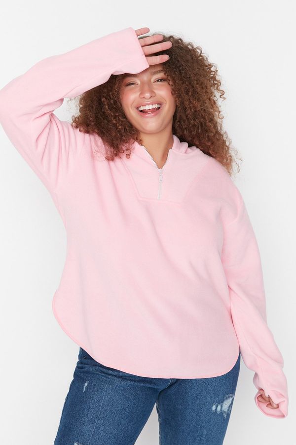 Trendyol Trendyol Curve Pink Hooded Thick Fleece Knitted Sweatshirt