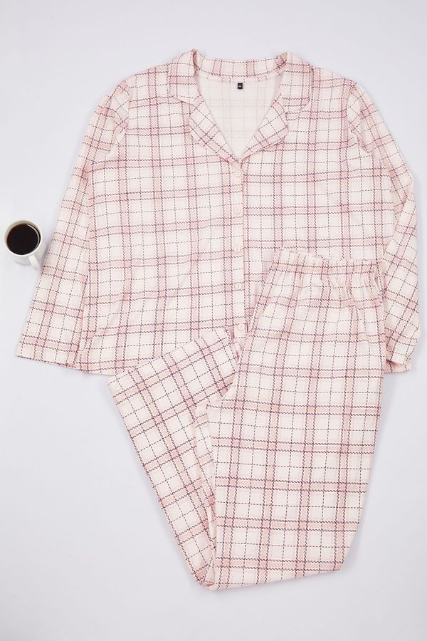 Trendyol Trendyol Curve Pink Plaid Shirt Collar Knitted Pajama Set