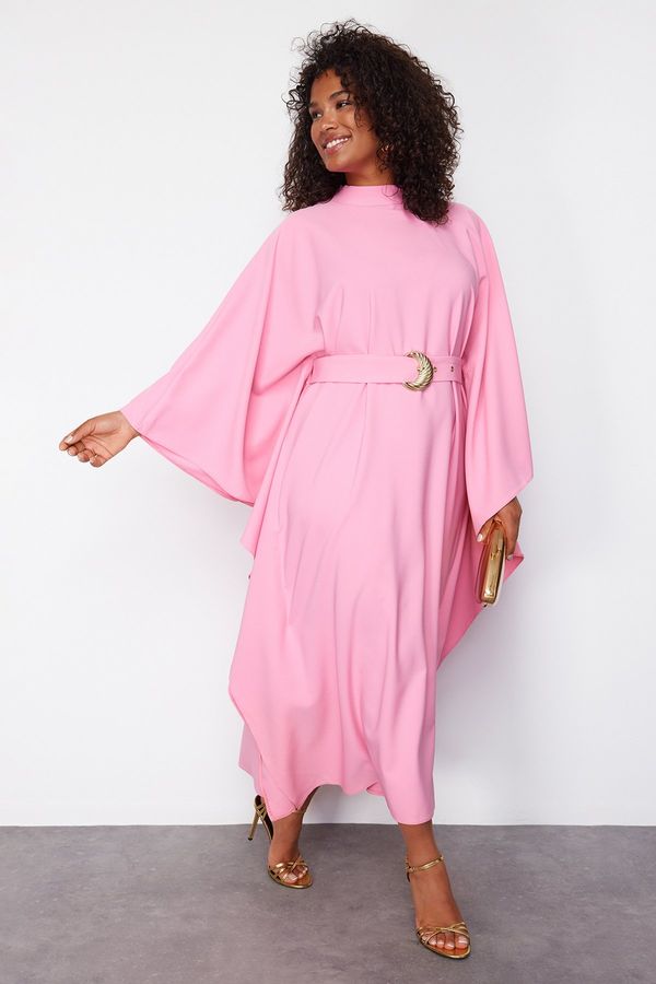 Trendyol Trendyol Curve Pink Poncho Belted Long Chic Woven Plus Size Dress