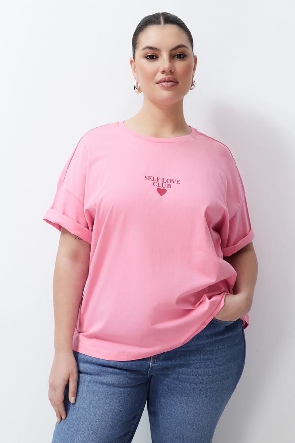 Trendyol Trendyol Curve Pink Printed Oversize 100% Cotton Knitted T-shirt