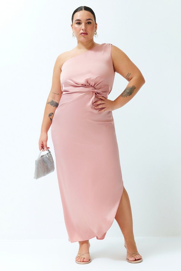 Trendyol Trendyol Curve Pink Satin Chic Asymmetrical Single Sleeve Long Woven Dress