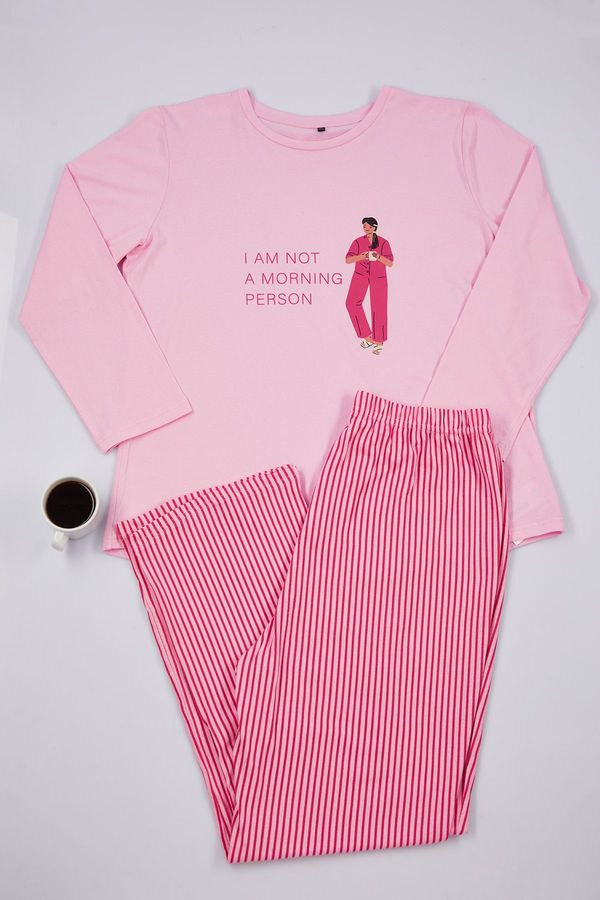 Trendyol Trendyol Curve Pink Striped Crew Neck Knitted Pajama Set