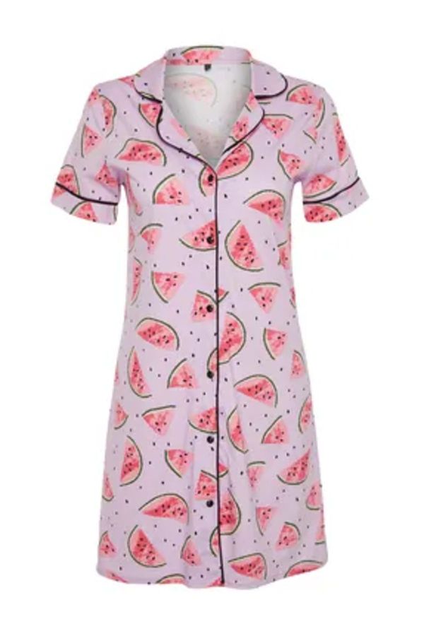 Trendyol Trendyol Curve Pink Watermelon Patterned Shirt Collar Piping Knitted Nightgown
